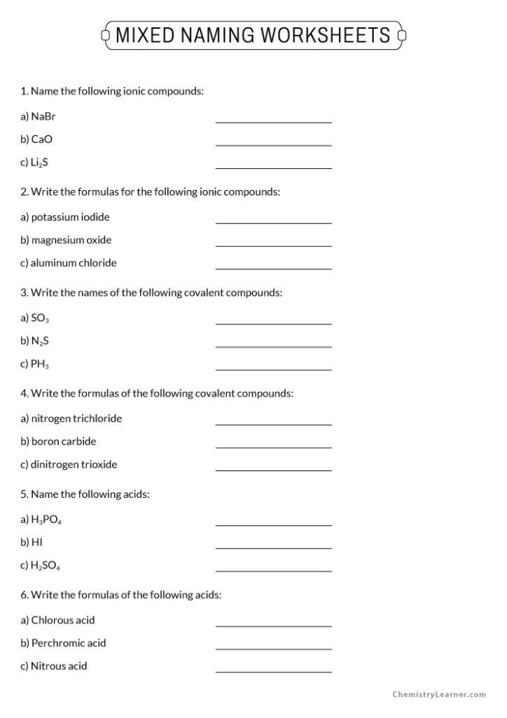 Mixed Naming Worksheet Ionic Covalent and Acids