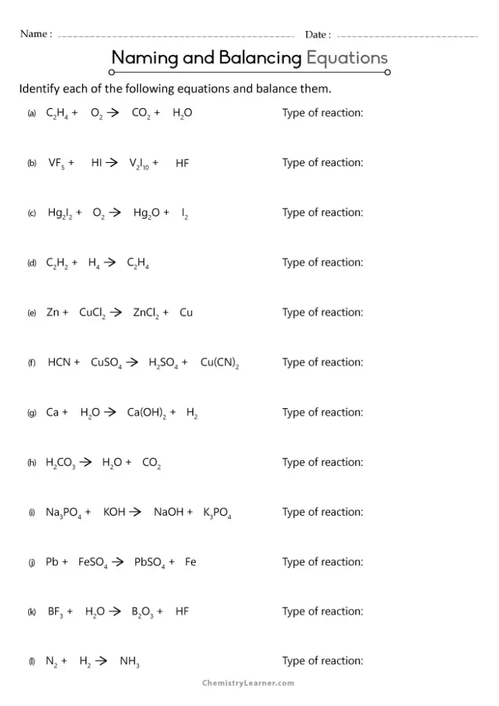Naming and Balancing Chemical Equations Worksheet