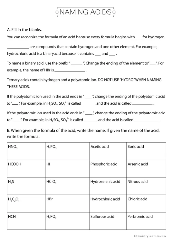 Practice Worksheet Naming Acids
