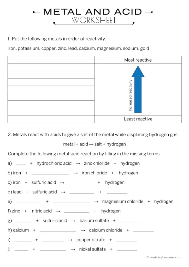 Reactions of Metals With Acids Worksheet