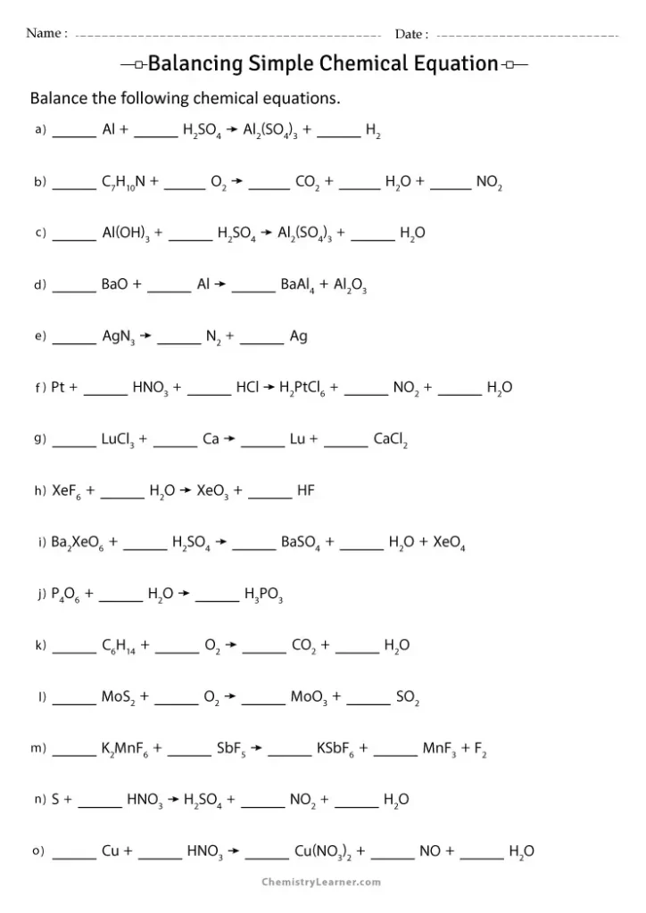 Simple Balancing Chemical Equations Activity Worksheet With Answers