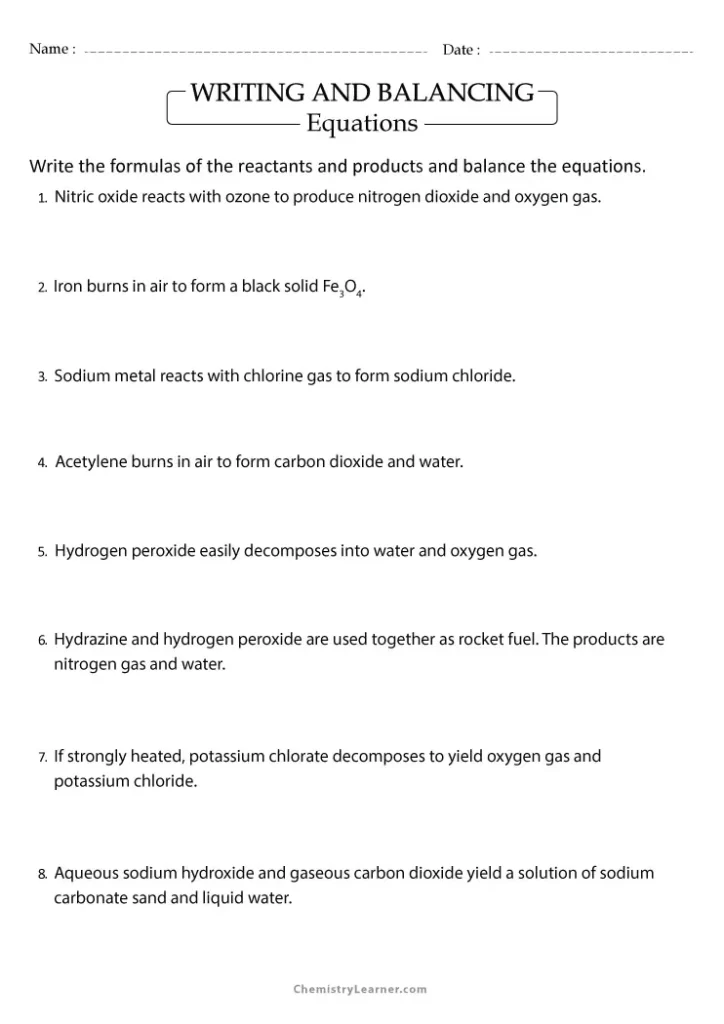 Writing and Balancing Equations Worksheet