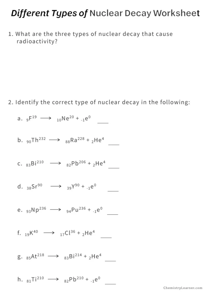 3 Types of Nuclear Decay Processes Worksheet with Answers