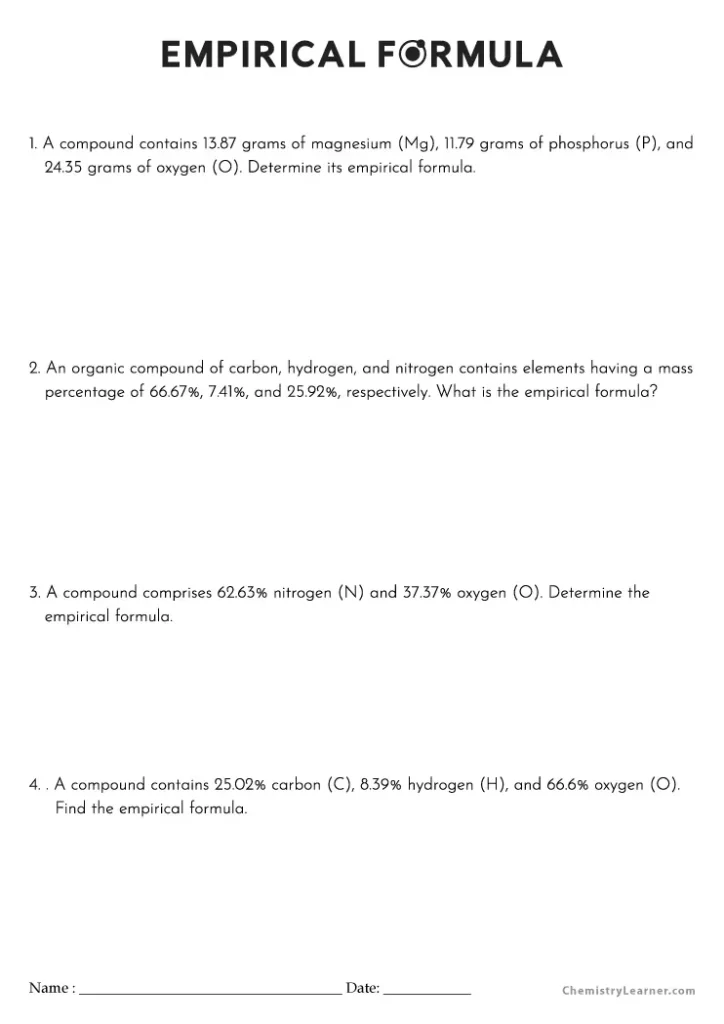 Empirical Formula Problems Worksheet with Answers