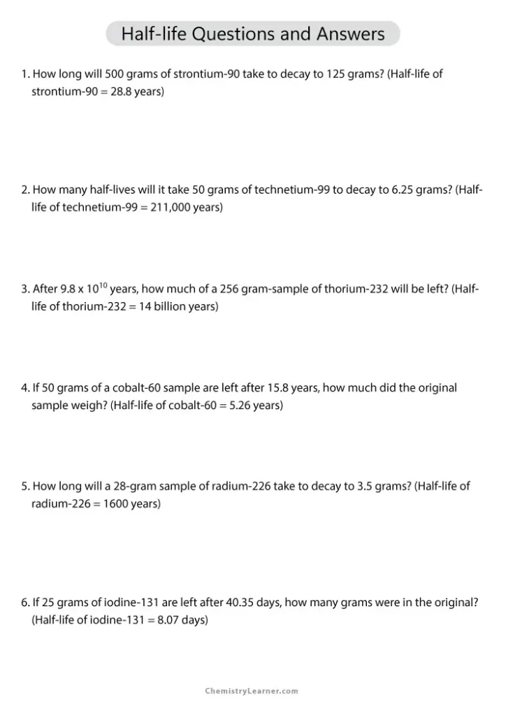 Half Life Calculations Worksheet with Answers