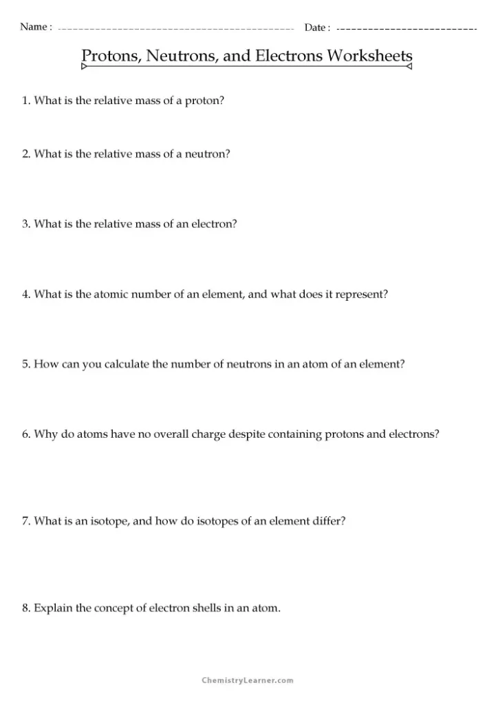 Identifying Protons Neutrons and Electrons Atoms and Ions Worksheet With Answers