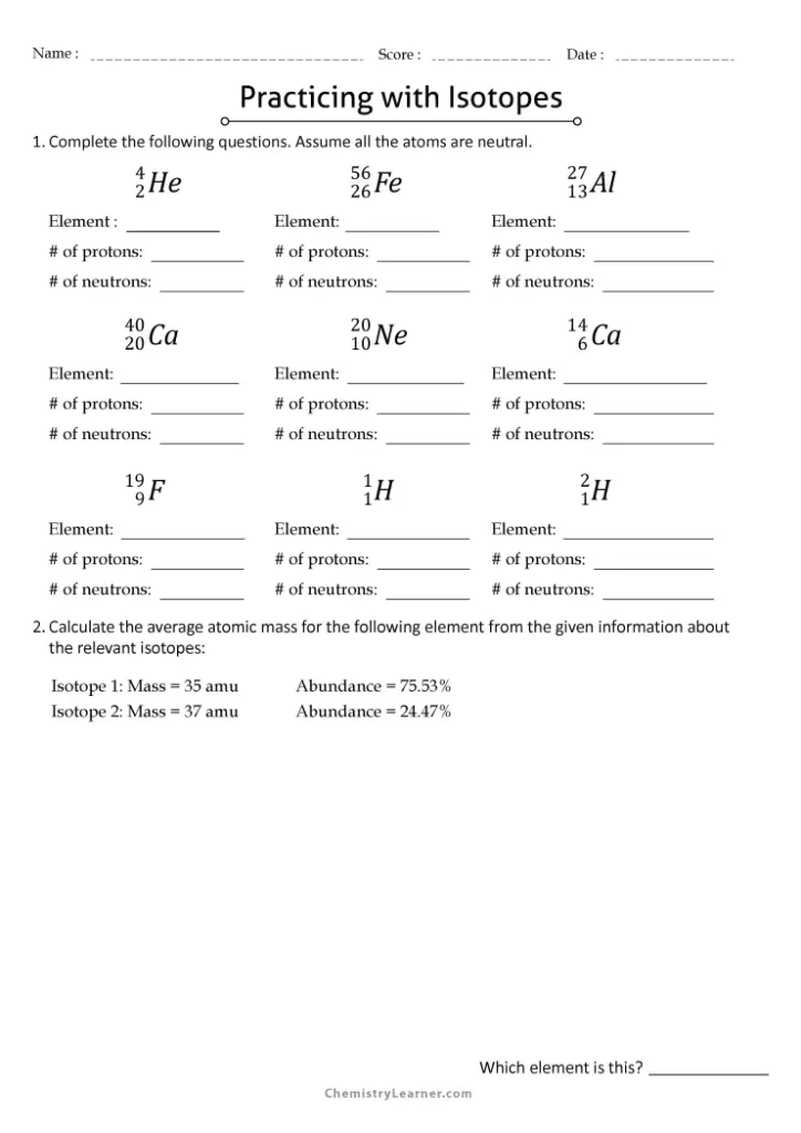 Isotope Practice Worksheet with Answer Key