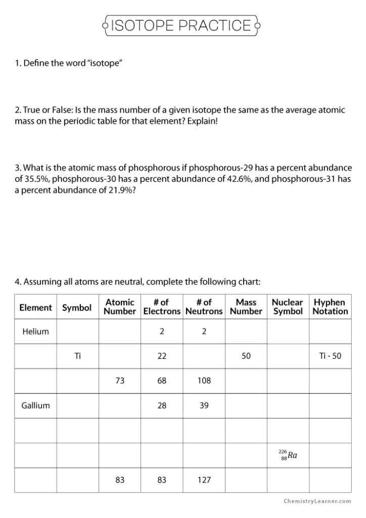 Isotope Practice Worksheet with Answers