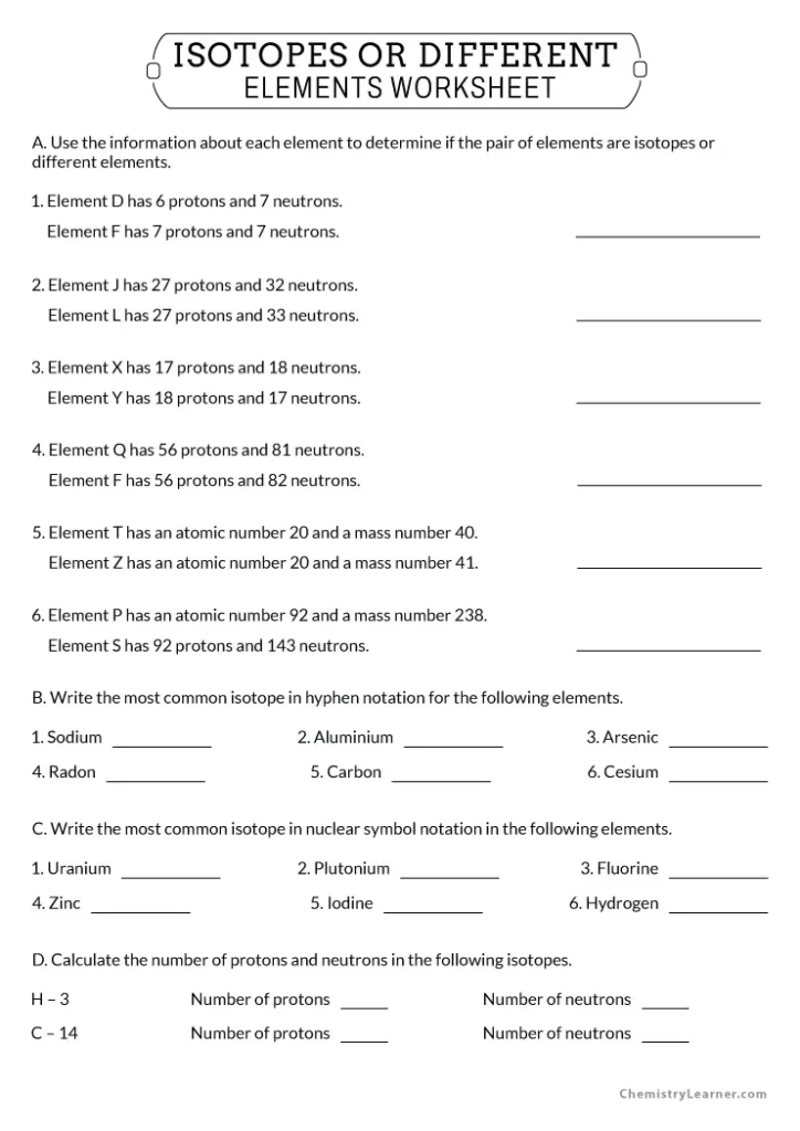 Isotopes or Different Elements Worksheet