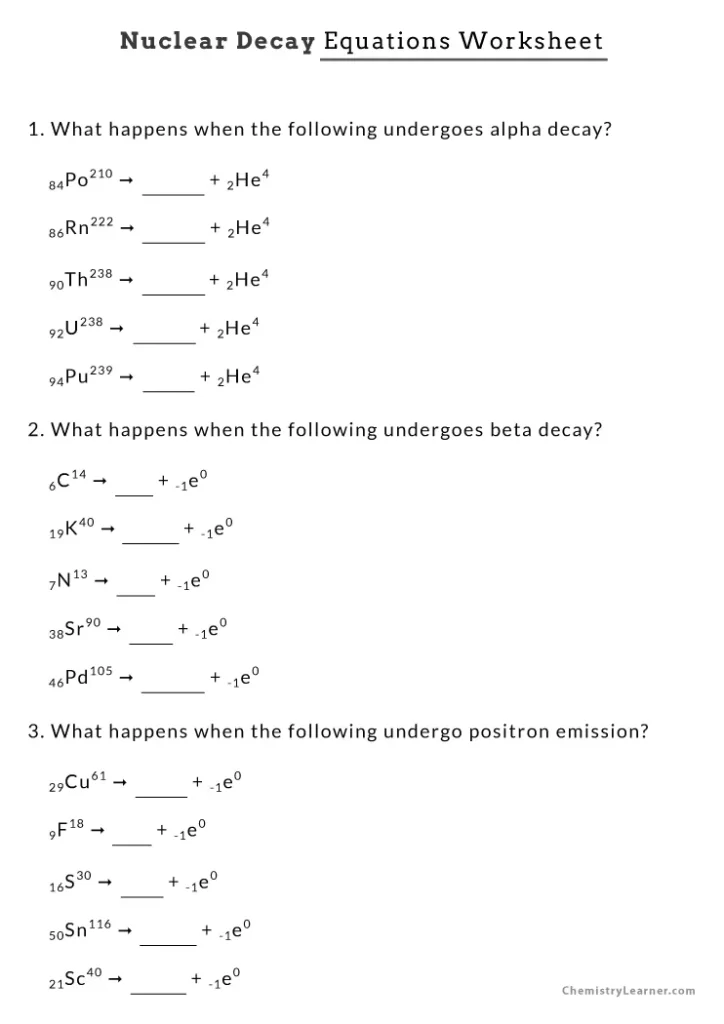 Nuclear Decay Equations Practice Worksheet with Answers