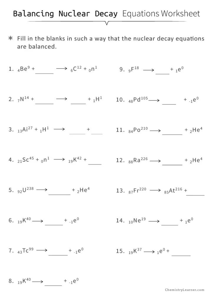 Nuclear Decay Equations Worksheet with Answers