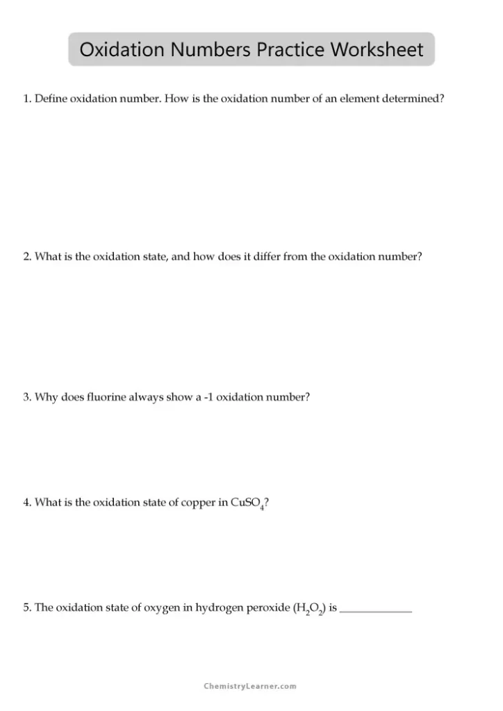 Oxidation Numbers Worksheet with Answers