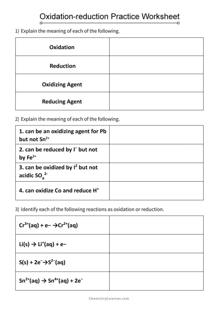 Oxidation Reduction Worksheet with Answer Key