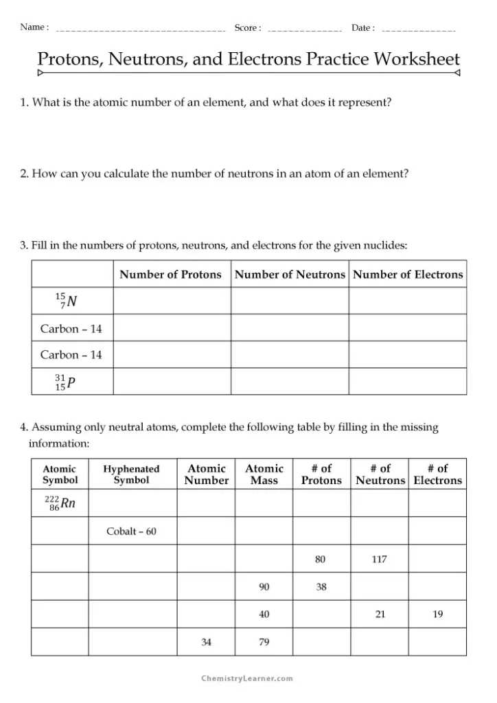 Protons Neutrons and Electrons Practice Worksheet