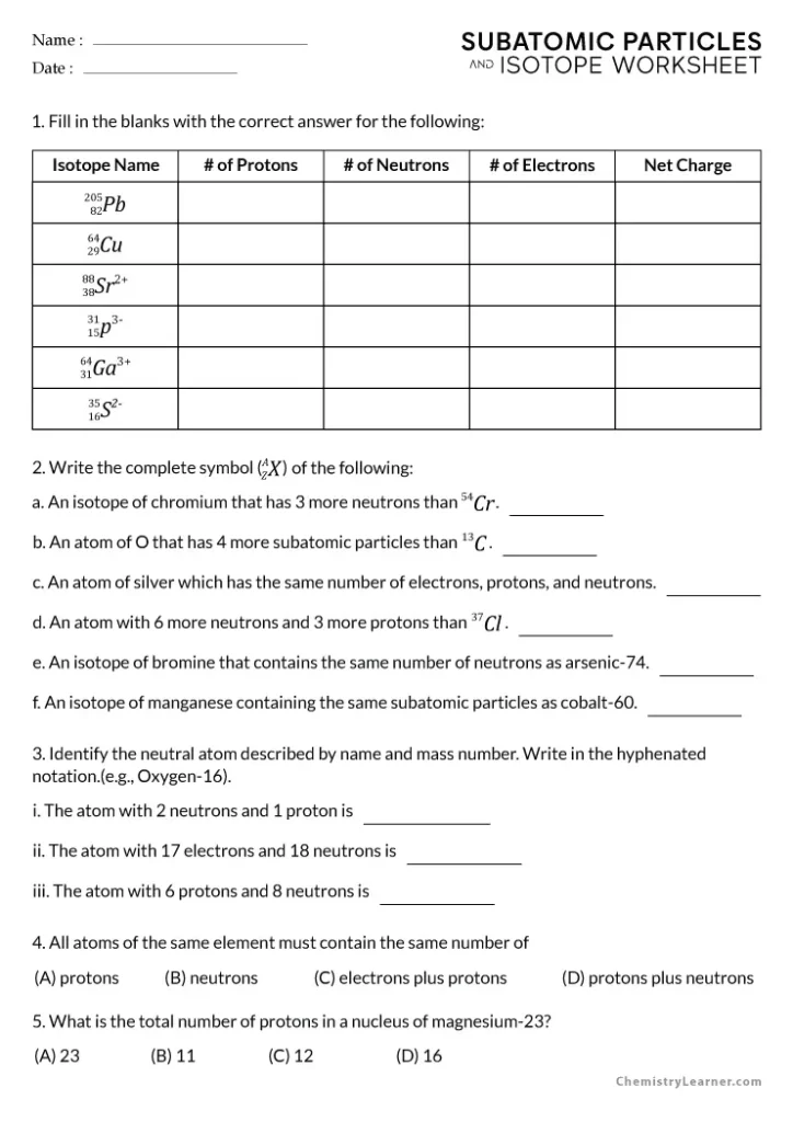 Subatomic Particles and Isotopes Worksheet
