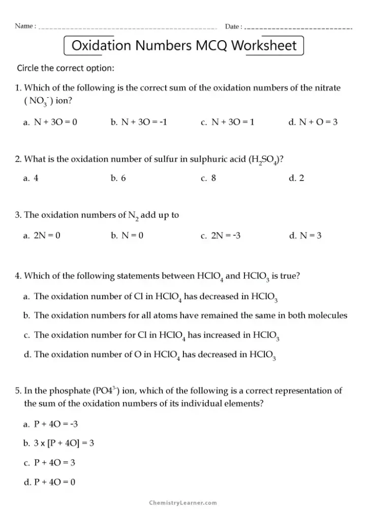 Worksheet Assigning Oxidation Numbers