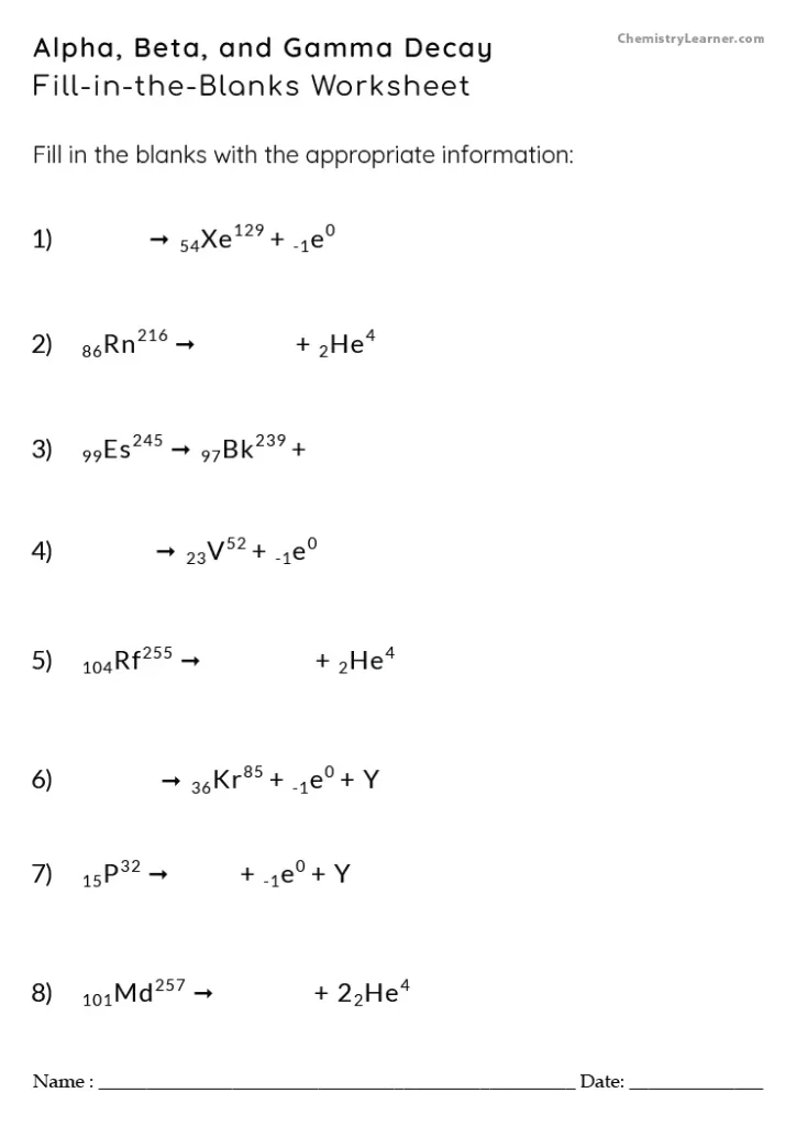 Alpha Beta Gamma Decay Worksheet with Answers