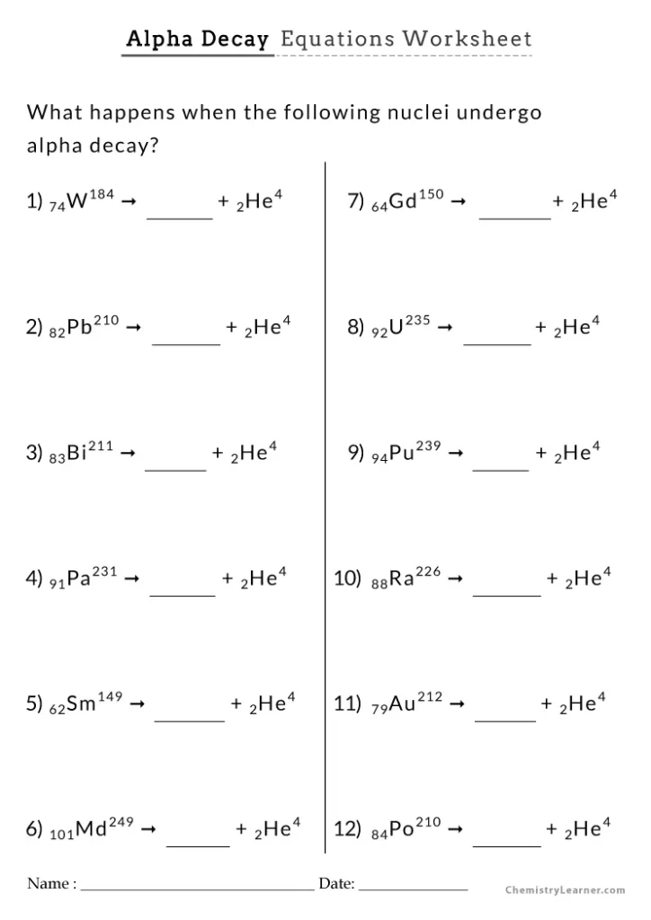 Alpha Decay Equations Worksheet