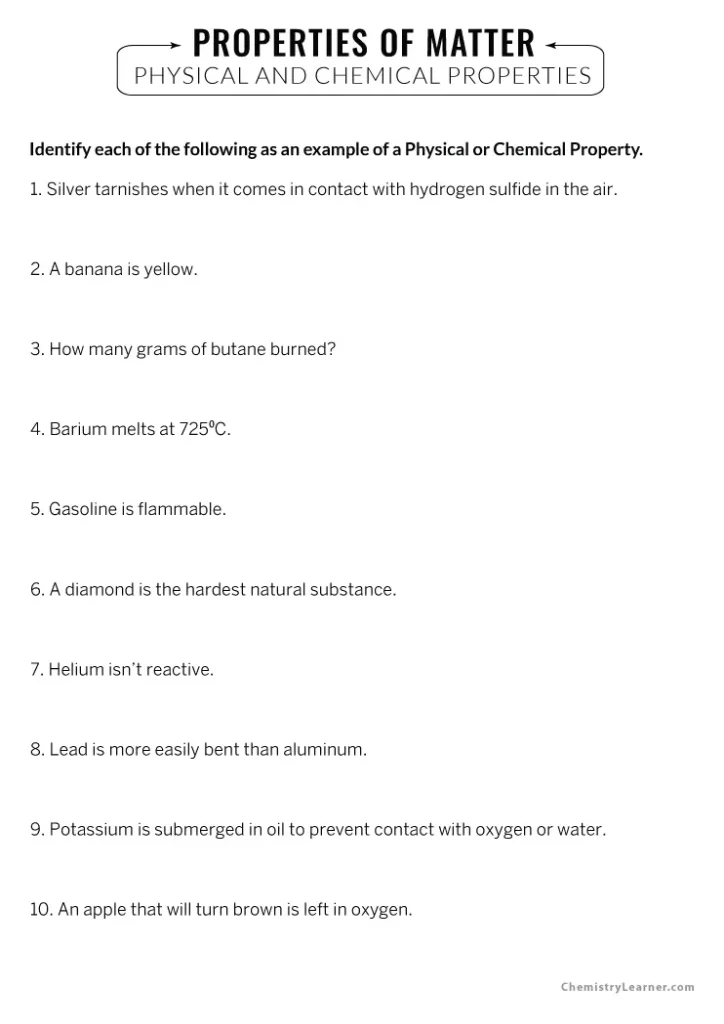 Chemical and Physical Changes and Properties of Matter Worksheet