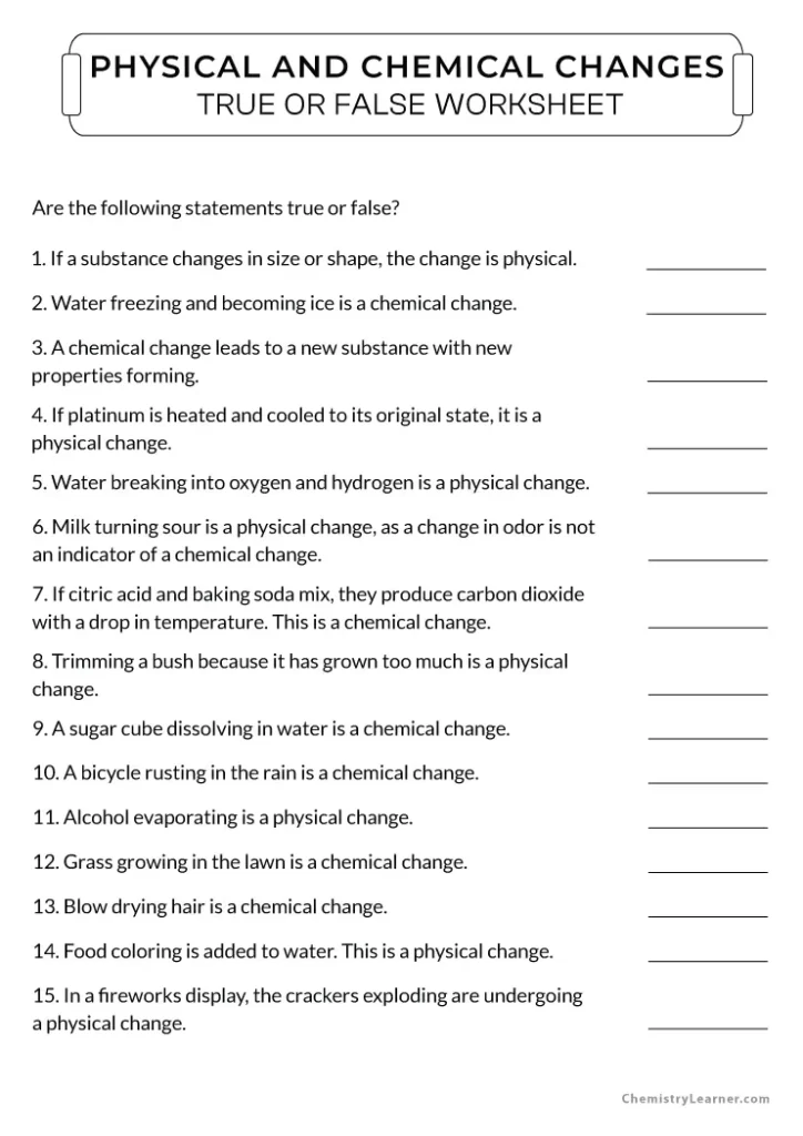 Chemical and Physical Changes and Properties of Matter Worksheet Key