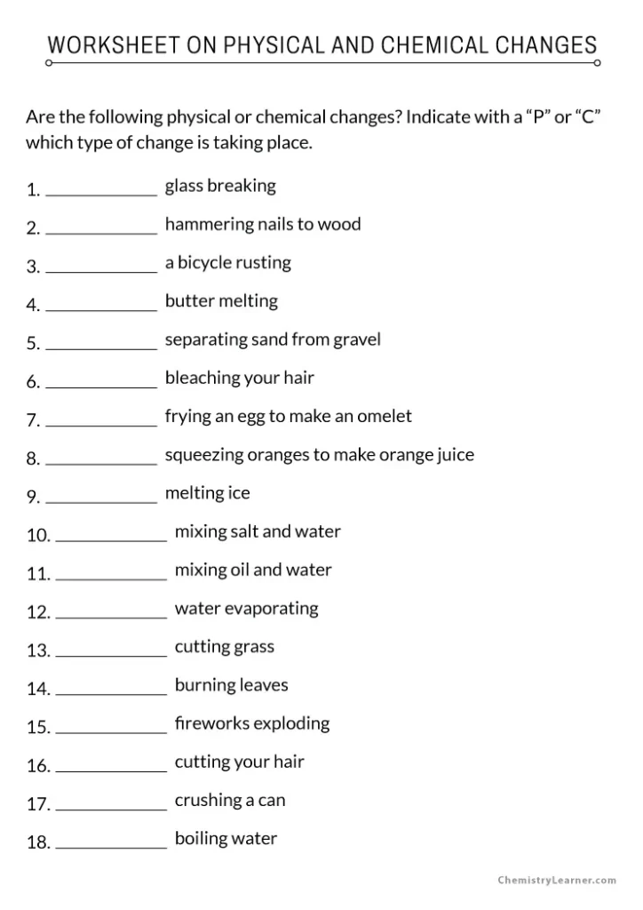 Chemical and Physical Properties and Changes Worksheet with Answers