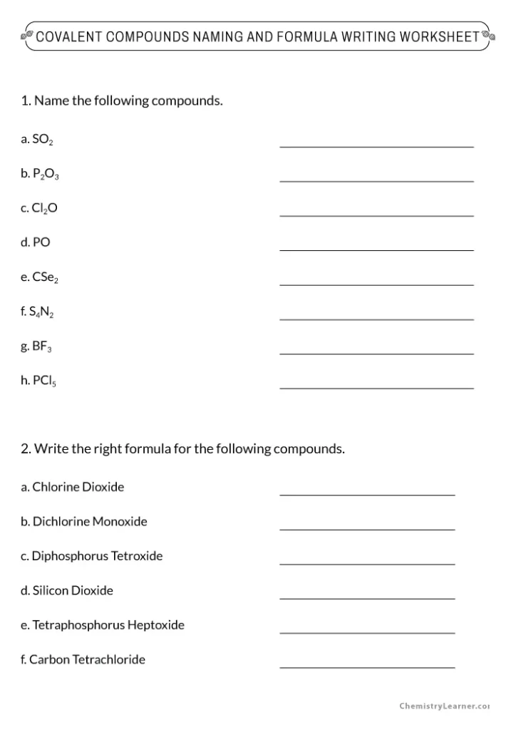 Covalent Compounds Naming and Formula Writing Worksheet