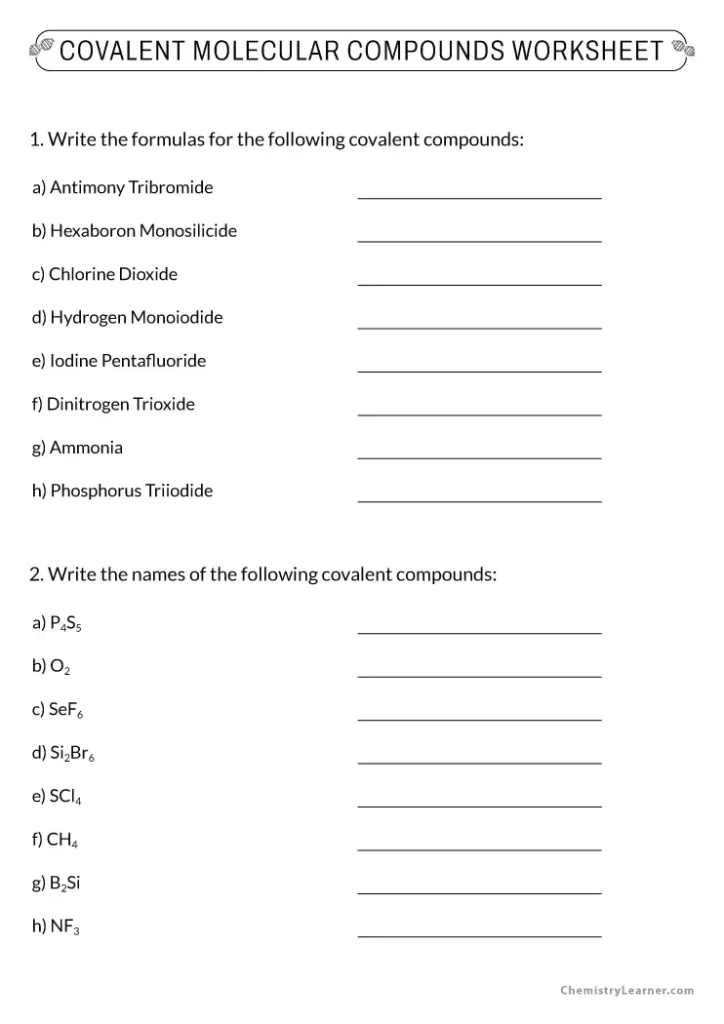 Covalent Molecular Compounds Worksheet