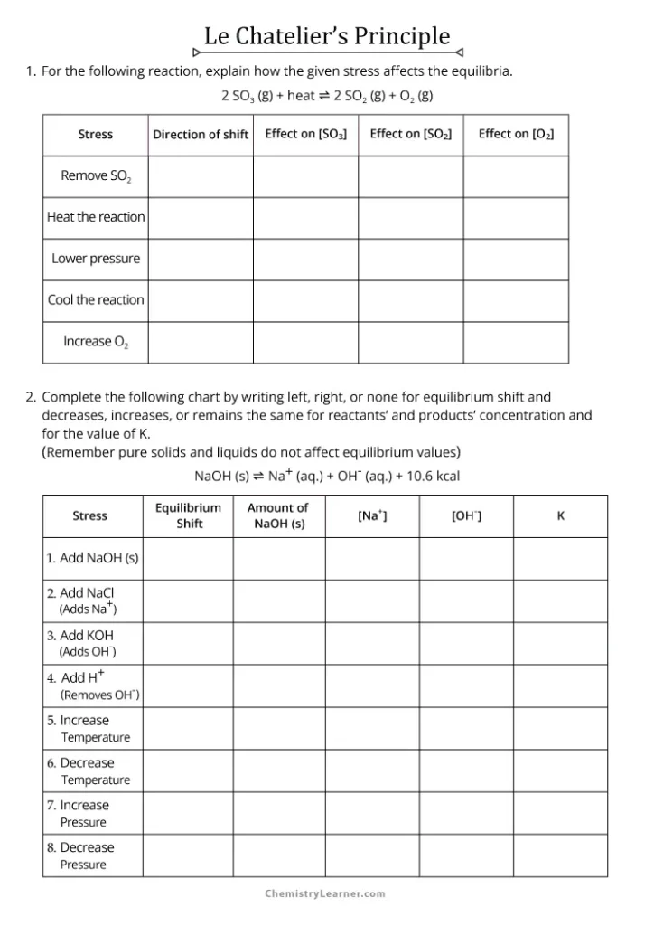 Equilibrium and Le Chatelier Worksheet with Answers