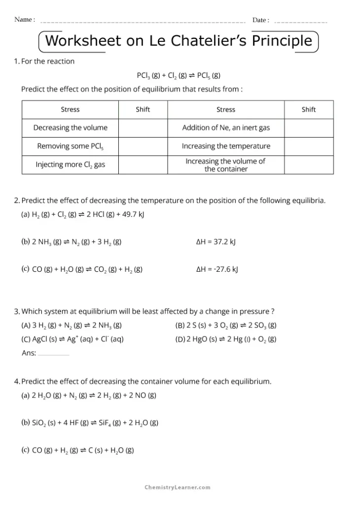 Le Chatelier_s Principle Continued Worksheet