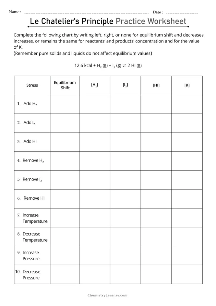 Le Chatelier_s Principle Practice Worksheet