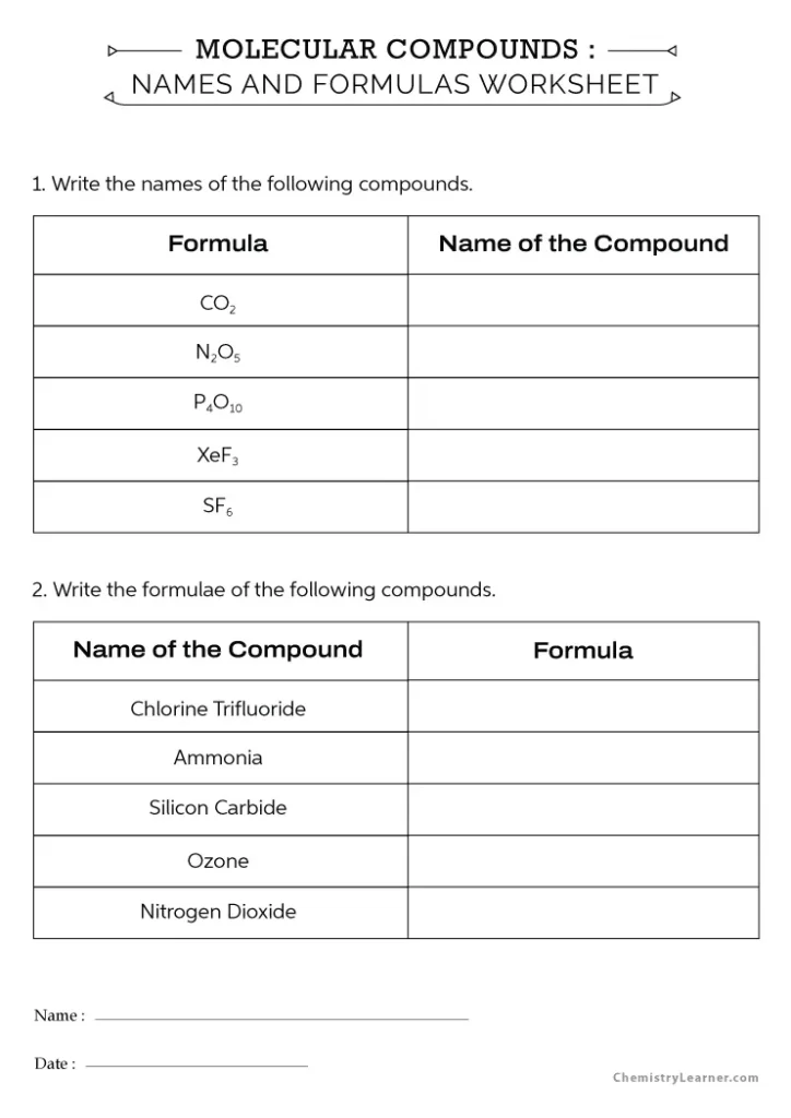 Molecular Compounds Worksheet with Answers