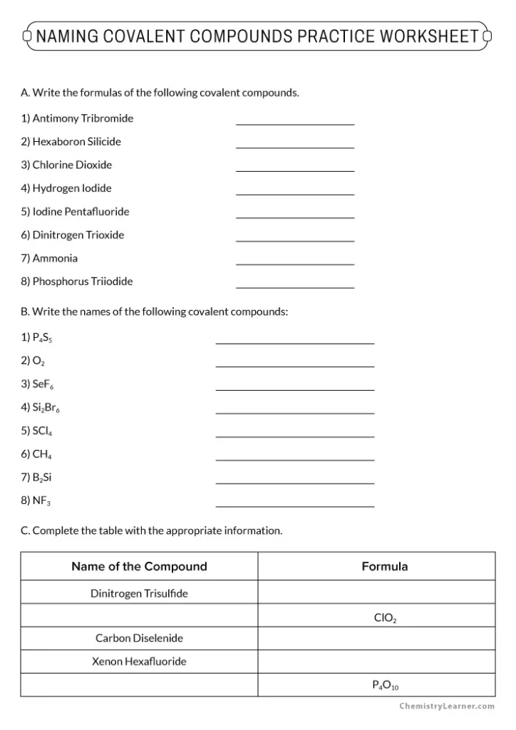 Naming Covalent Compounds Practice Worksheet with Answers
