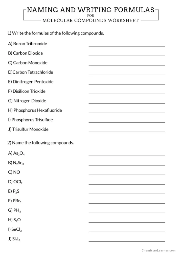 Naming and Writing Formulas for Molecular Compounds Worksheet