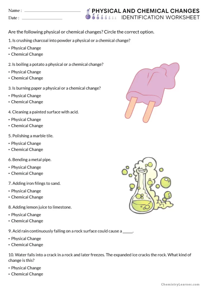 Physical and Chemical Change Worksheet for Grade 5