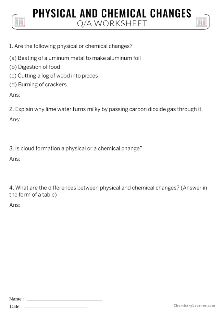Physical and Chemical Changes Class 7 Worksheet with Answers