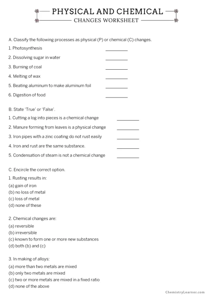 Physical and Chemical Changes Worksheet 7th Grade