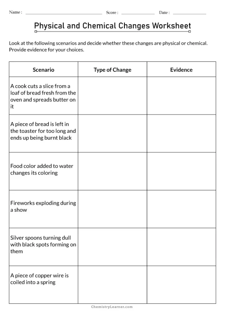Physical and Chemical Changes Worksheet 8th Grade with Answers