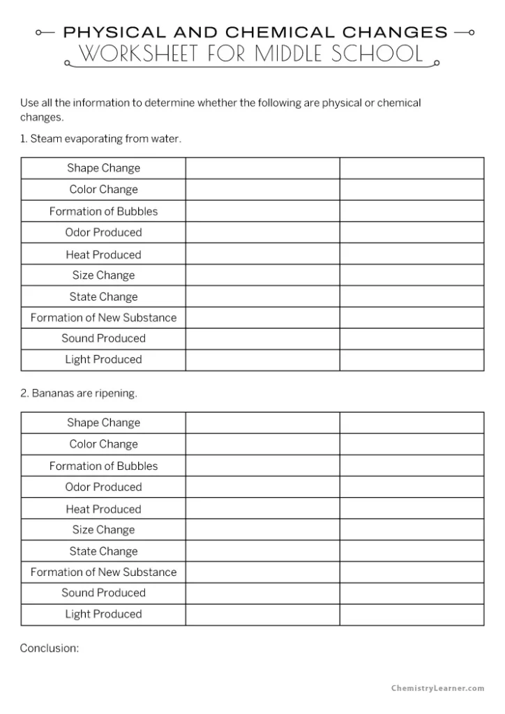 Physical and Chemical Changes Worksheet Middle School
