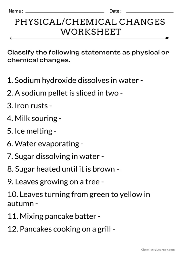 Physical and Chemical Changes Worksheet with Answer Key