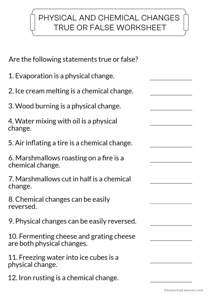 Physical and Chemical Changes Worksheet with Answers