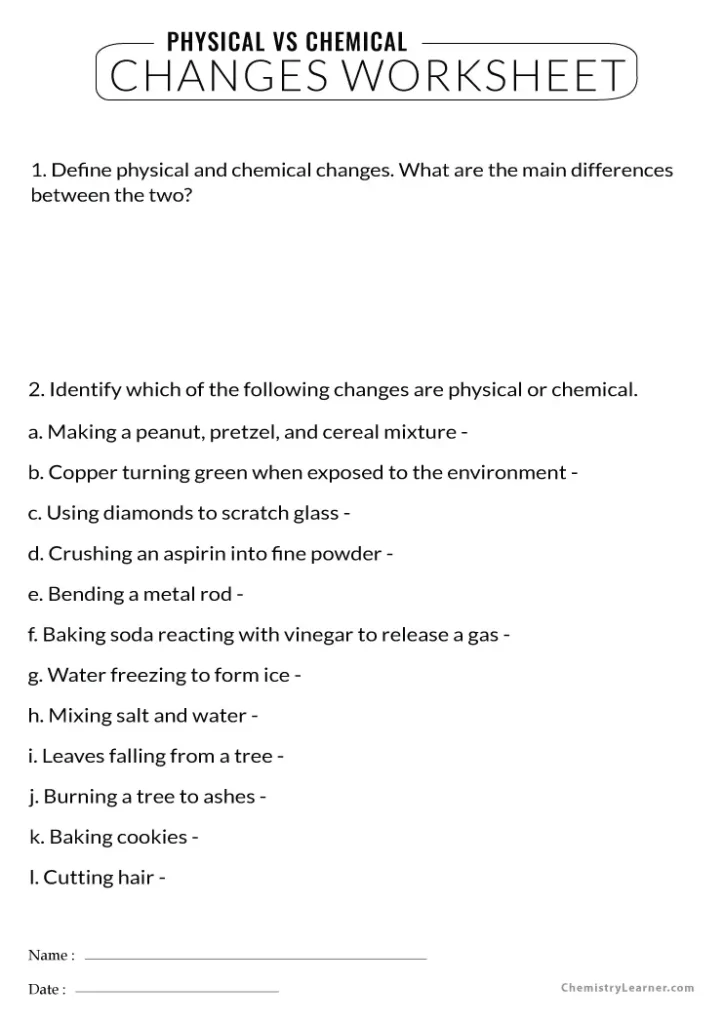 Physical vs Chemical Change Worksheet
