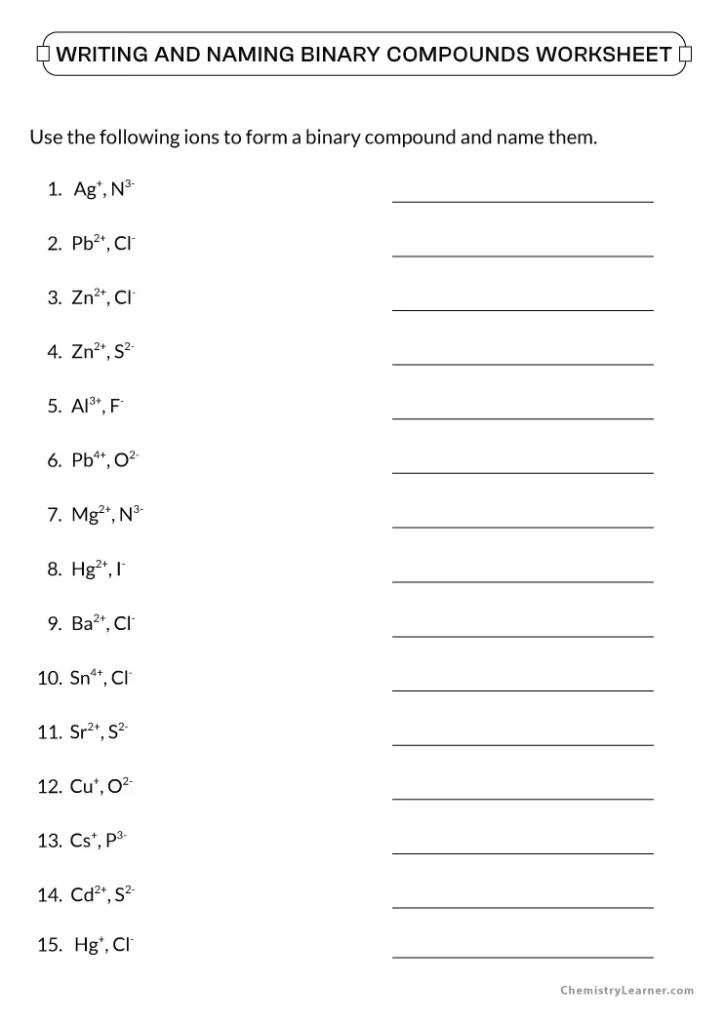 Writing and Naming Binary Compounds Worksheet with Answer Key