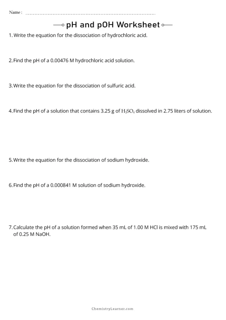 pH and pOH Calculations Worksheet