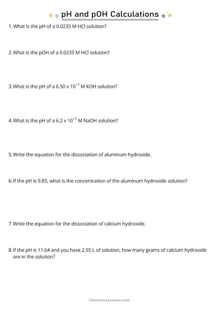 pH and pOH Calculations Worksheet with Answers
