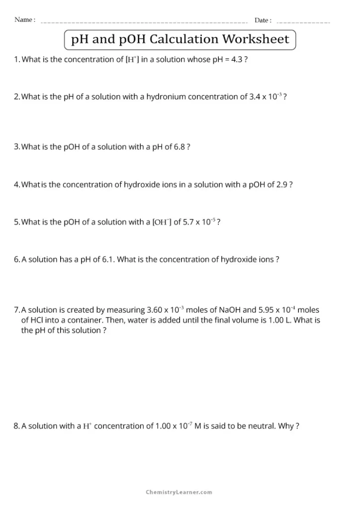 pH and pOH Worksheet with Answers