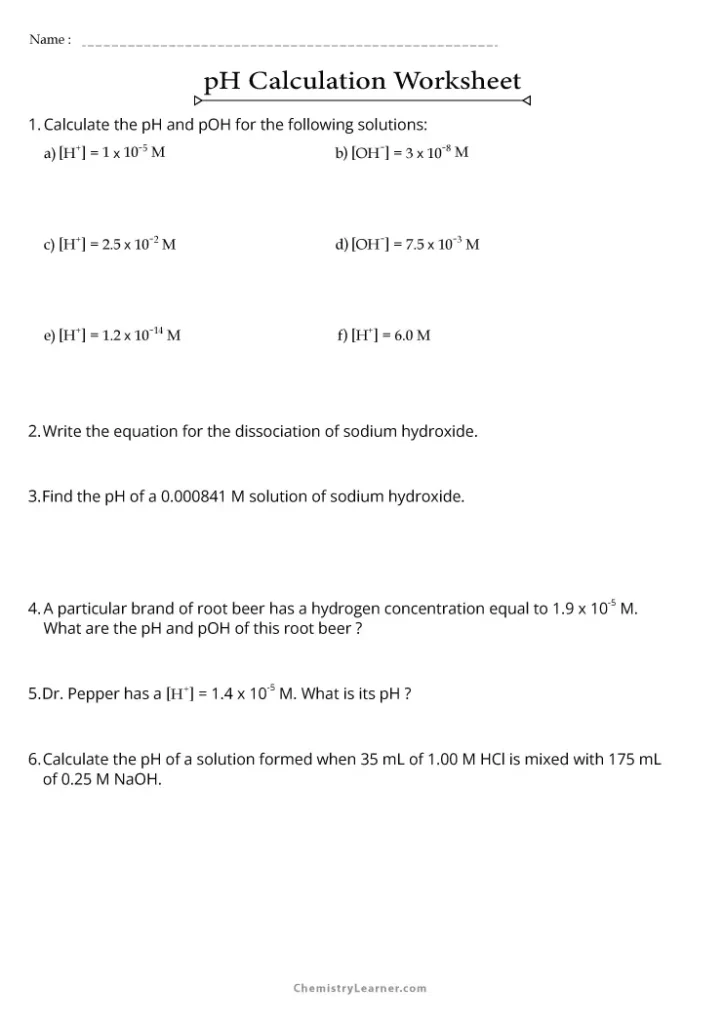 ph Calculations Worksheet with Answers