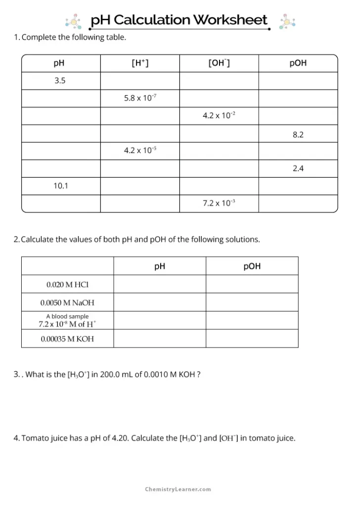ph Calculations Worksheet with Answers with Work
