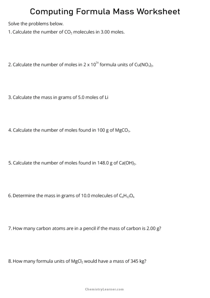 Chemistry Computing Formula Mass Worksheet with Answers