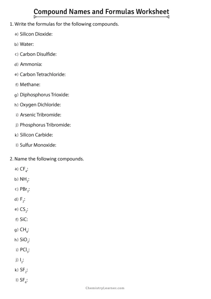 Compound Names and Formulas Worksheet