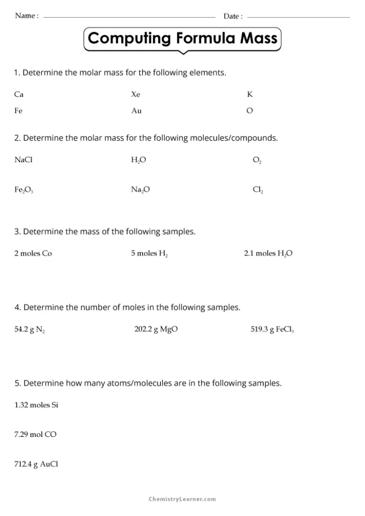 Computing Formula Mass Worksheet